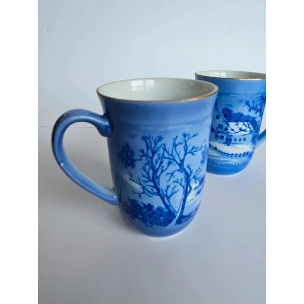 Vintage Currier & Ives Blue and White Mugs Winter Scenes